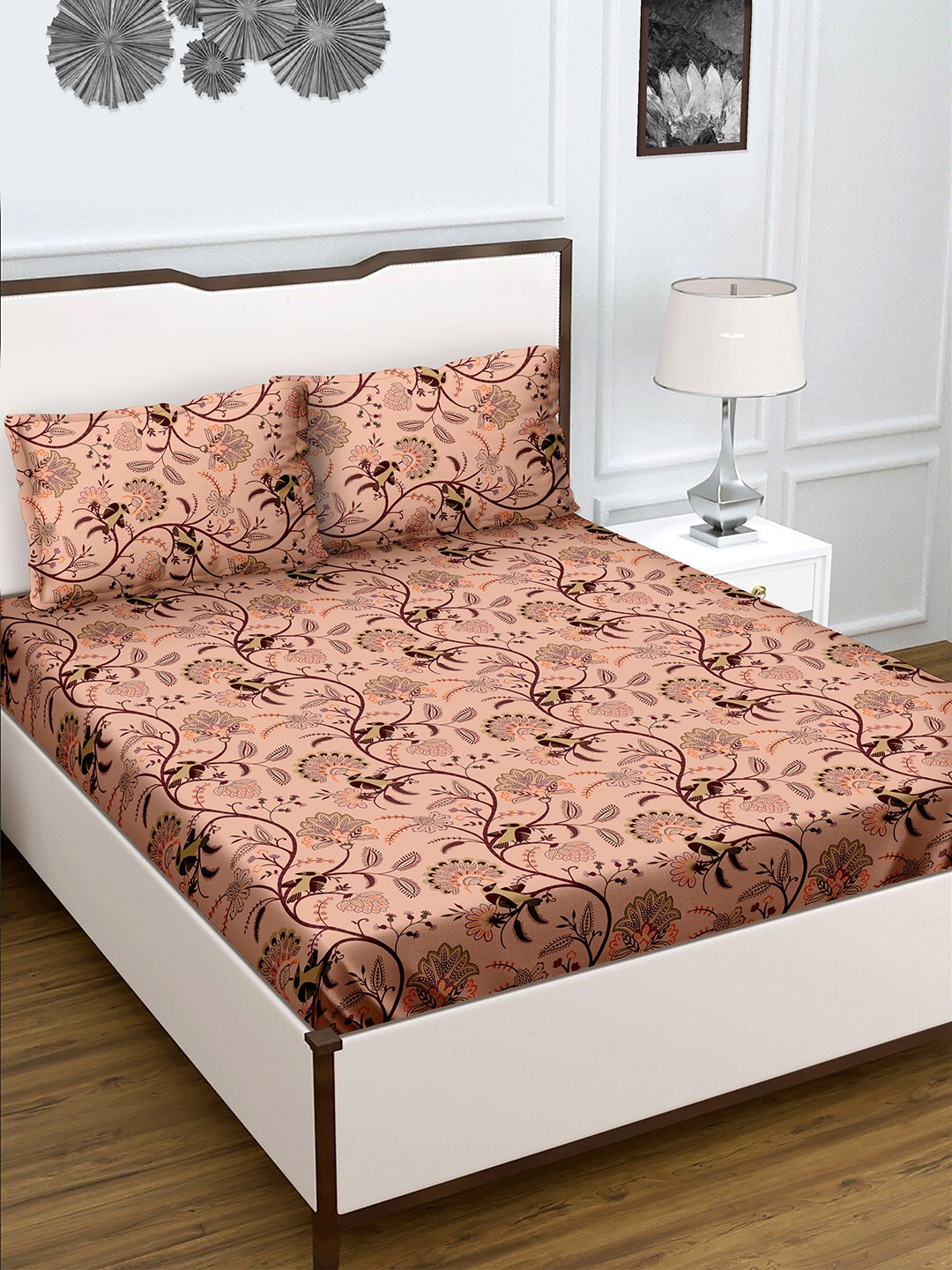 

BELLA CASA Brown Floral 180 TC Flat Pure Cotton King Bedsheet with 2 Pillow Covers