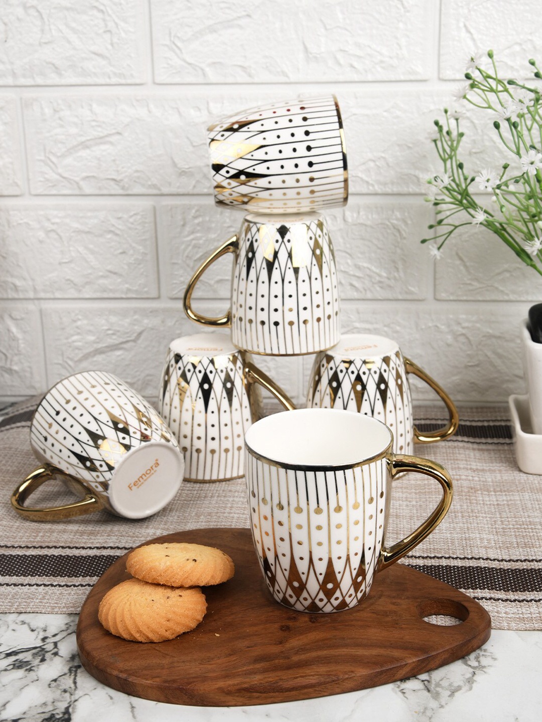 

Femora Set of 6 White Geometric Printed Bone China Glossy Tea Cups 160 ml Each