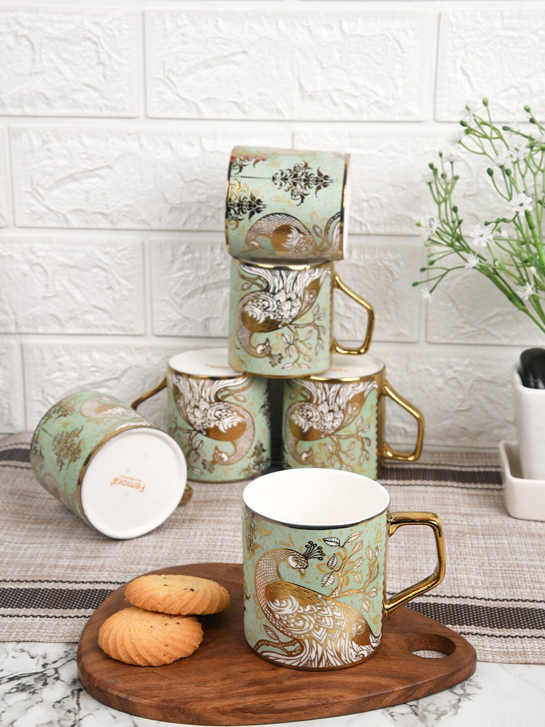 

Femora Set of 6 Green Ethnic Motifs Printed Bone China Glossy Tea Cups 180 ml Each