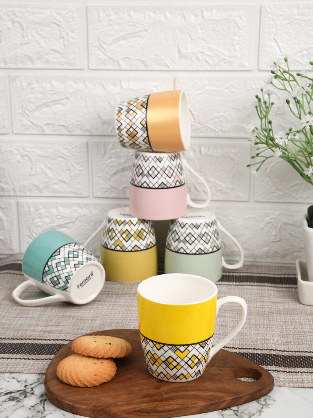 

Femora Set of 6 Yellow & White Geometric Printed Bone China Glossy Tea Cups 160 ml Each