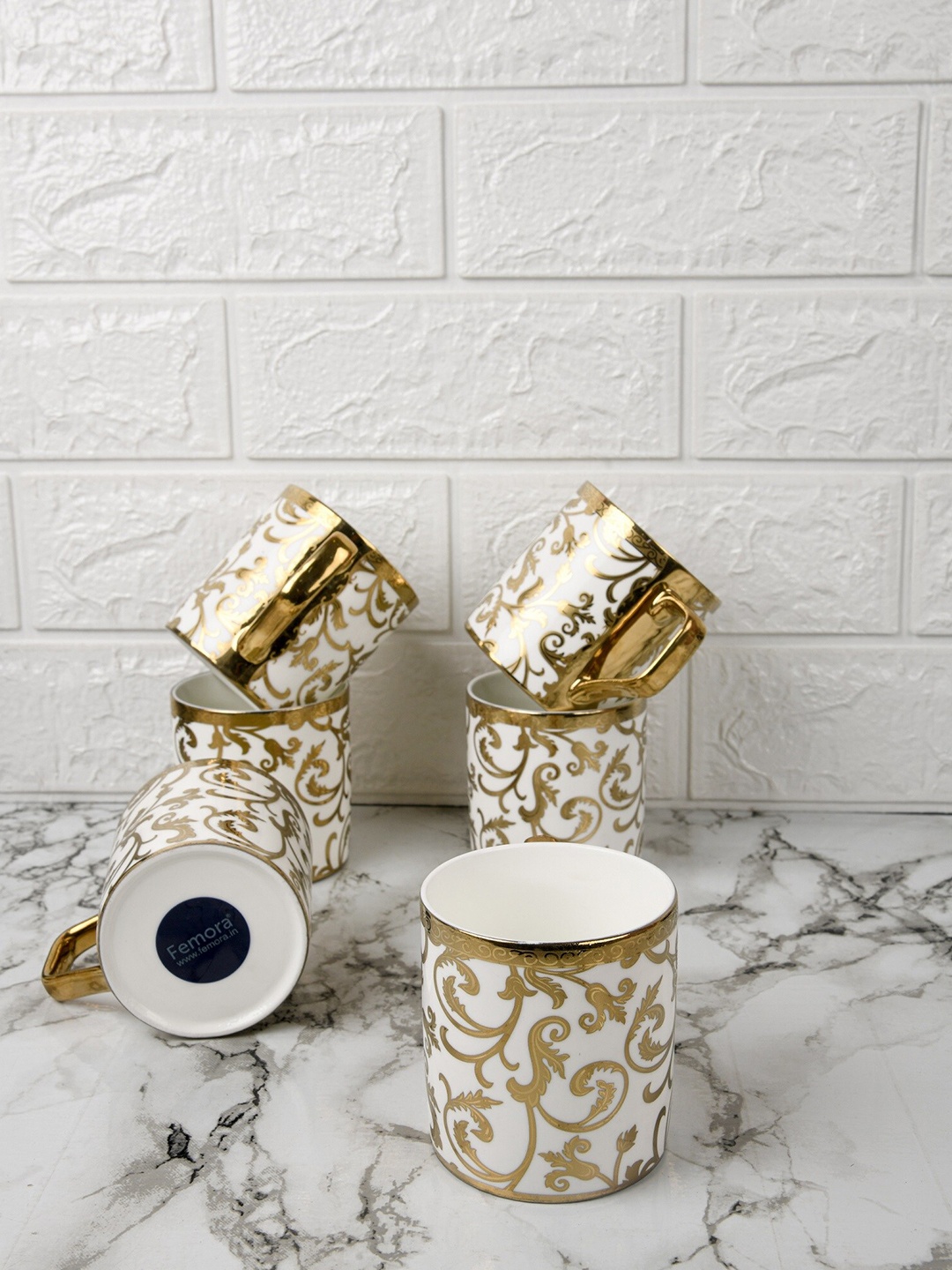 

Femora Set of 6 White Floral Printed Bone China Glossy Tea Cups 180 ml Each