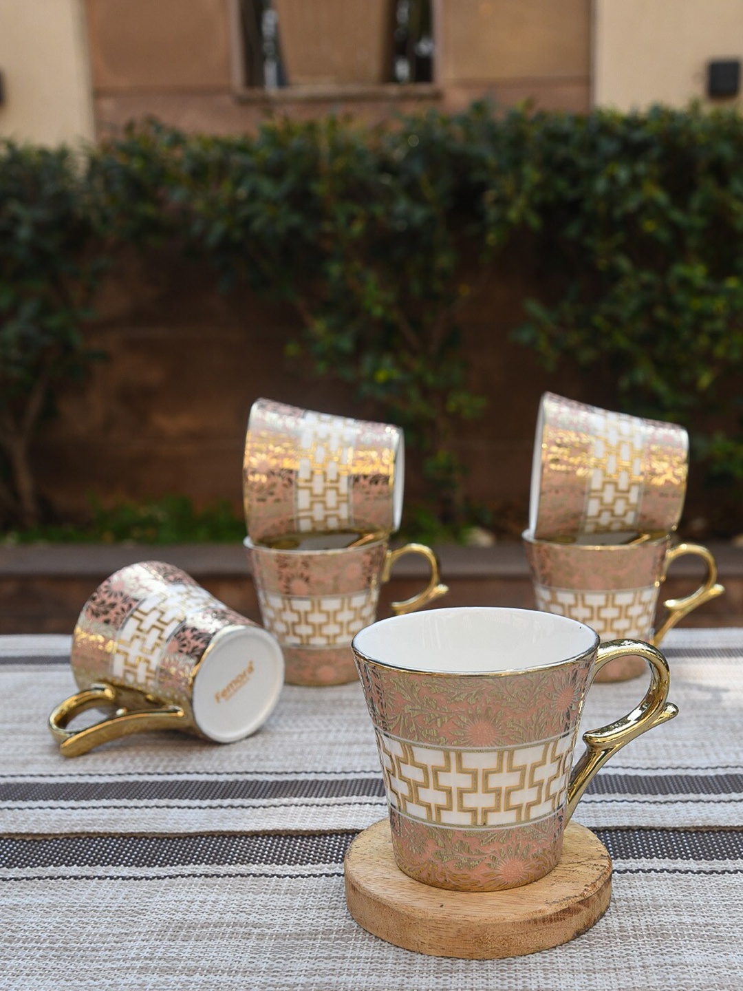 

Femora Set of 6 White & Peach-Coloured Printed Bone China Glossy Cups 160 ml Each