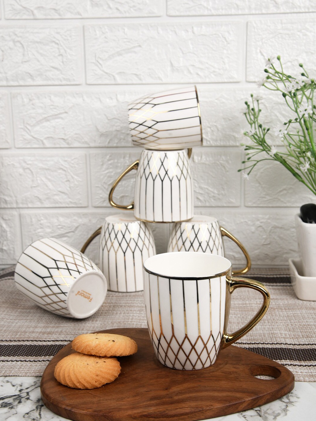 

Femora Set of 6 White Geometric Printed Bone China Glossy Tea Cups 160 ml Each