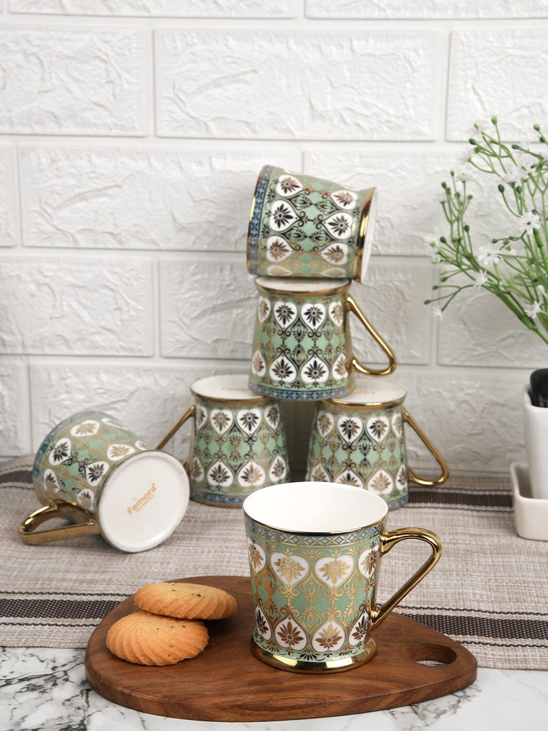 

Femora Set of 6 Green & White Ethnic Motifs Printed Bone China Glossy Tea Cups 160 ml Each