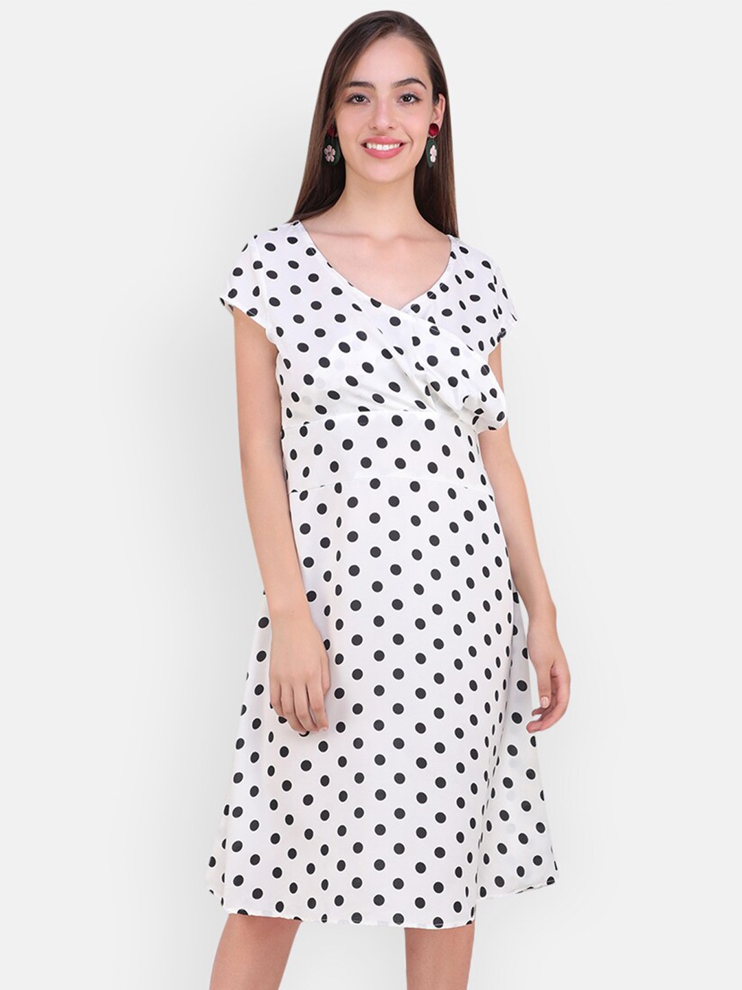 

MARC LOUIS Polka Dot Printed Extended Sleeves Wrap Dress, White