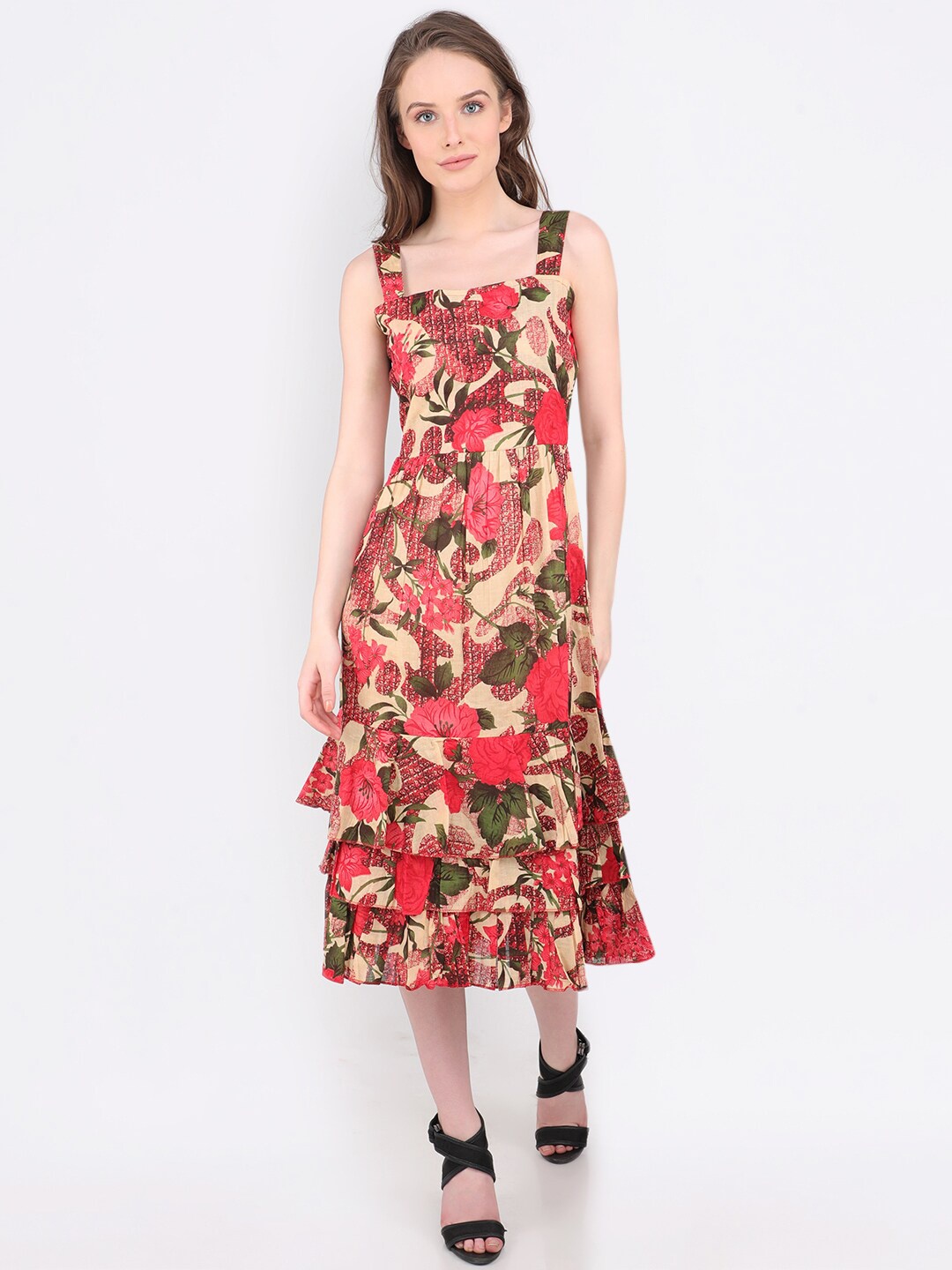

MARC LOUIS Tropical Printed Layered Cotton A-Line Midi Dress, Red