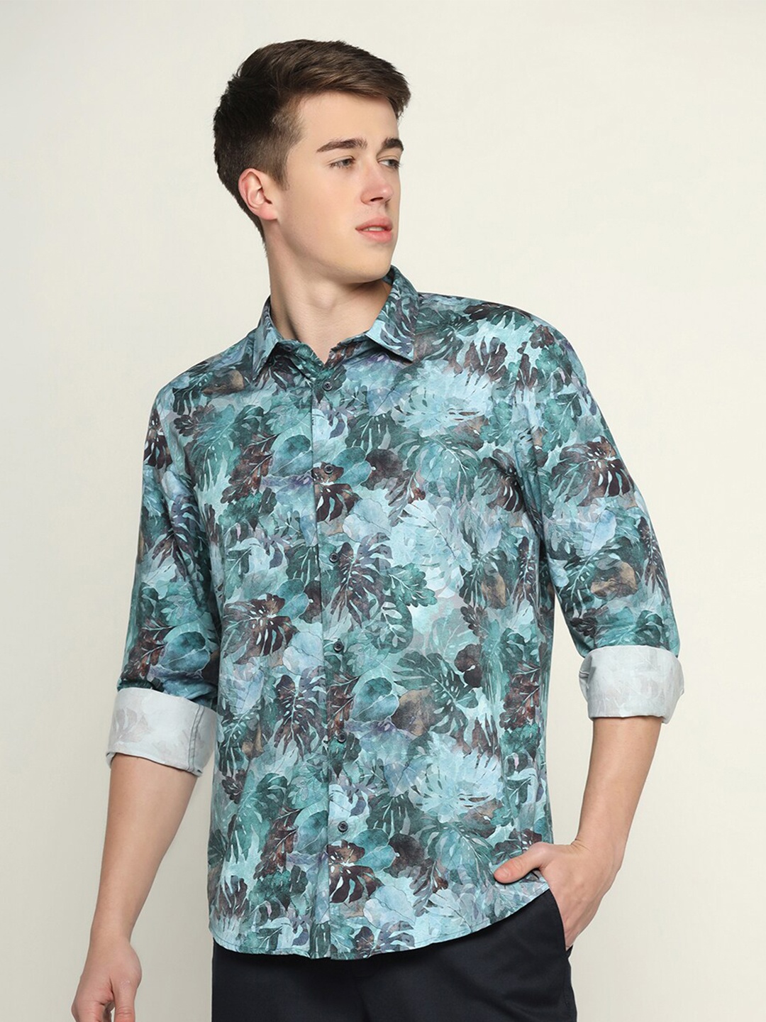 

Blackberrys Men Slim Fit Floral Printed Casual Pure Cotton Shirt, Teal