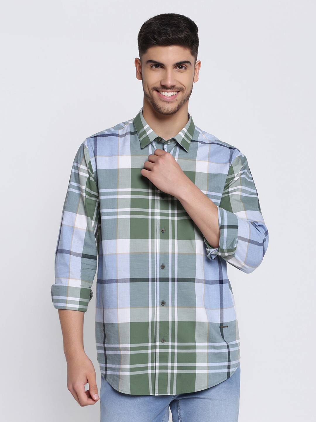 

Blackberrys Men Tartan Checks Pure Cotton Slim Fit Casual Shirt, Olive