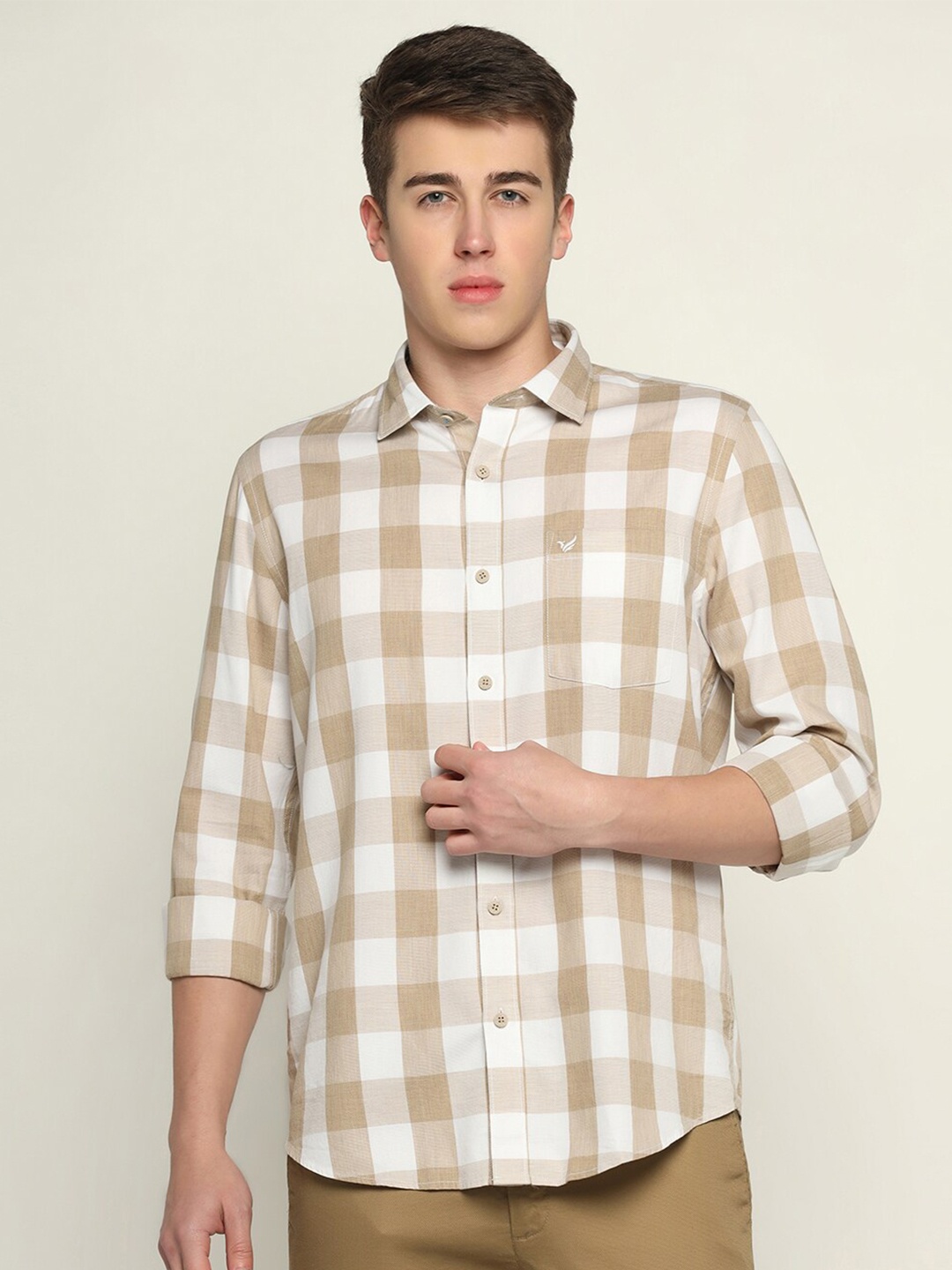 

Blackberrys Men Slim Fit Gingham Checks Casual Pure Cotton Shirt, Beige