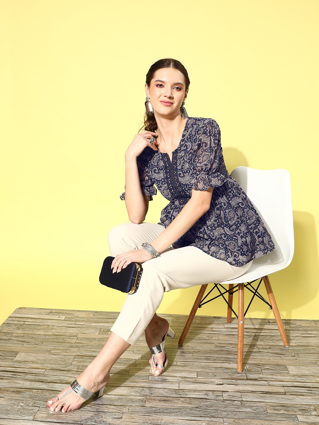 

Yufta Print Georgette Peplum Top, Navy blue