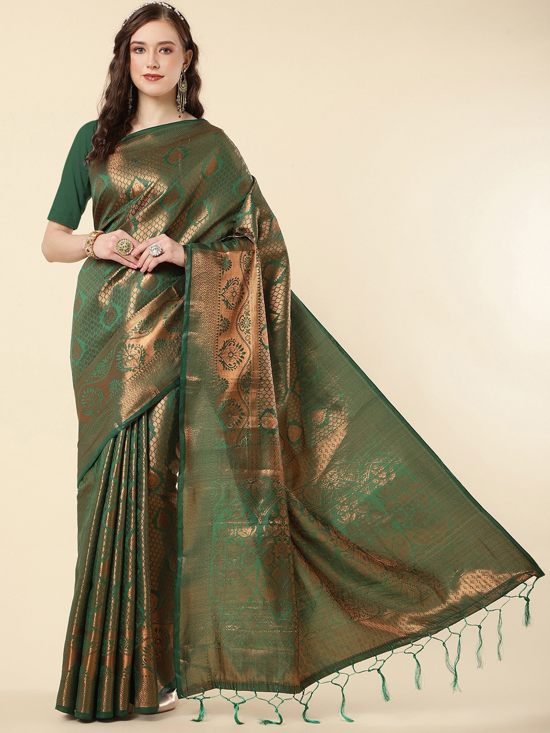 

ZIKARAA Ethnic Motifs Zari Pure Silk Banarasi Saree, Green
