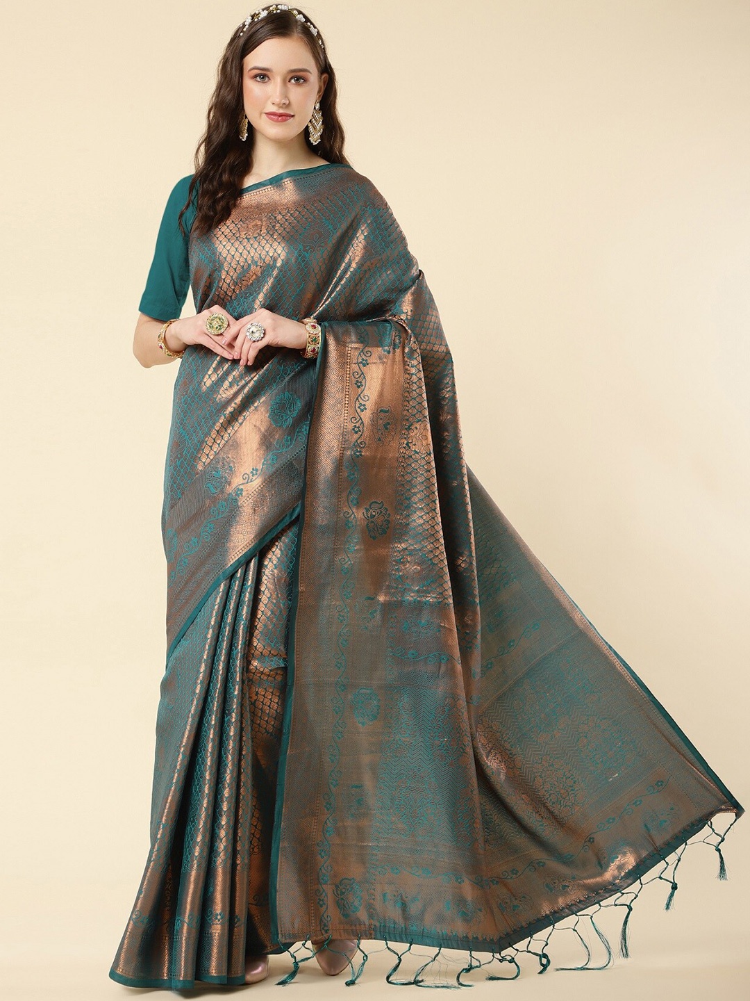 

ZIKARAA Ethnic Motifs Woven design Zari Pure Silk Banarasi Saree, Turquoise blue
