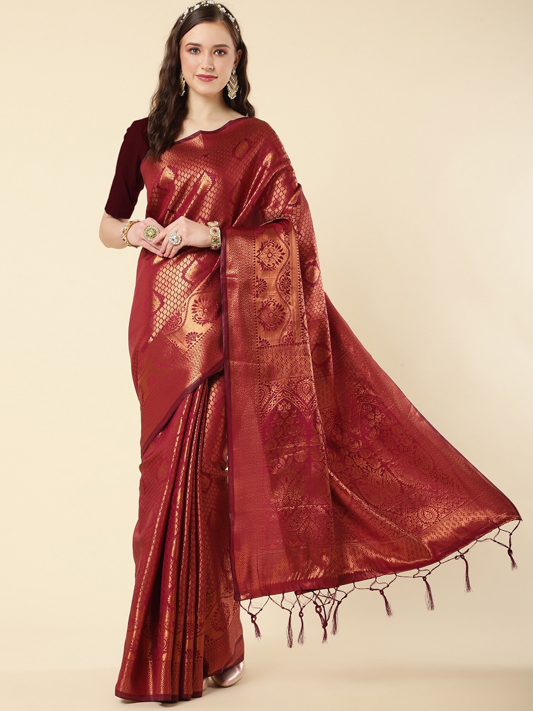 

ZIKARAA Ethnic Motifs Woven design Zari Pure Silk Banarasi Saree, Maroon