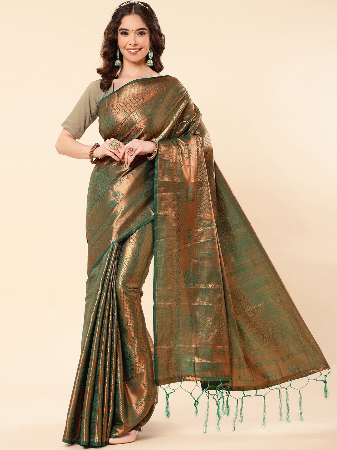 

ZIKARAA Ethnic Motifs Woven design Zari Pure Silk Banarasi Saree, Green