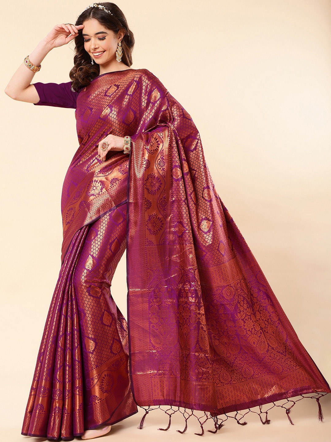 

ZIKARAA Ethnic Motifs Woven Design Zari Pure Silk Banarasi Saree, Purple