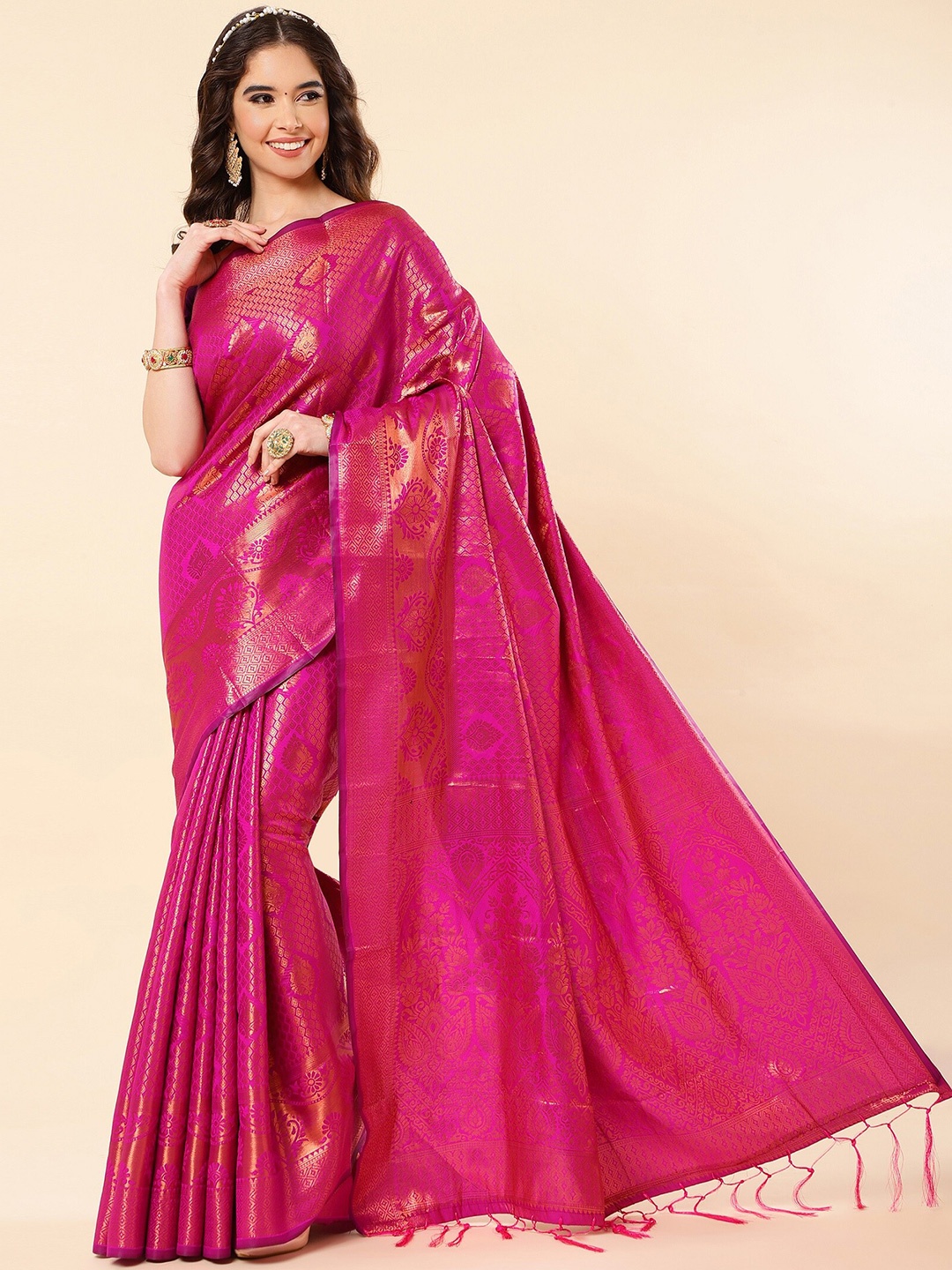 

ZIKARAA Ethnic Motifs Zari Pure Silk Banarasi Saree, Pink