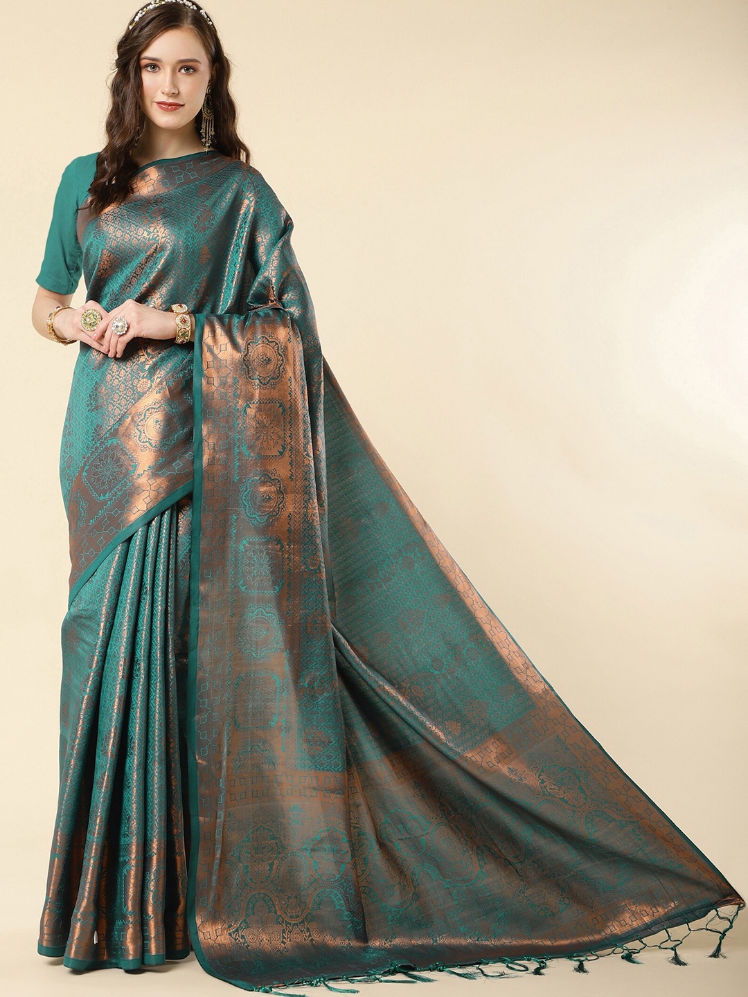 

ZIKARAA Ethnic Motifs Zari Pure Silk Banarasi Saree, Turquoise blue