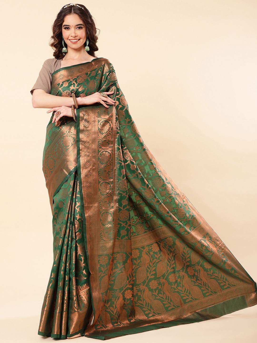 

ZIKARAA Ethnic Motifs Zari Pure Silk Banarasi Saree, Green