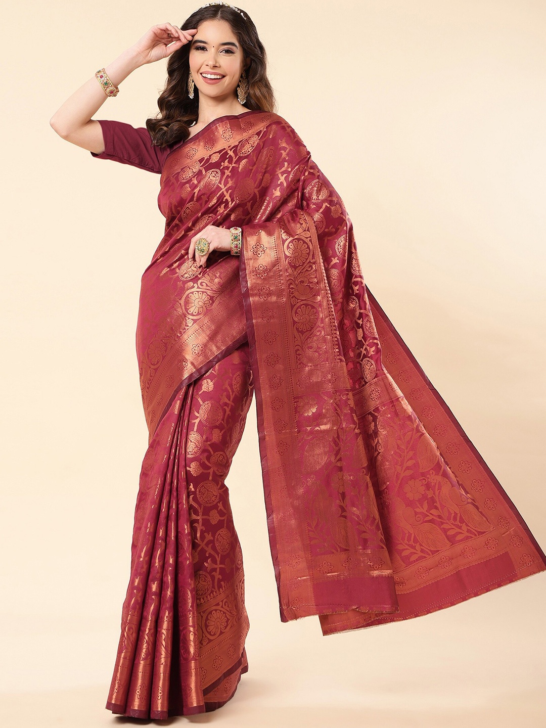 

ZIKARAA Ethnic Motifs Zari Pure Silk Banarasi Saree, Maroon