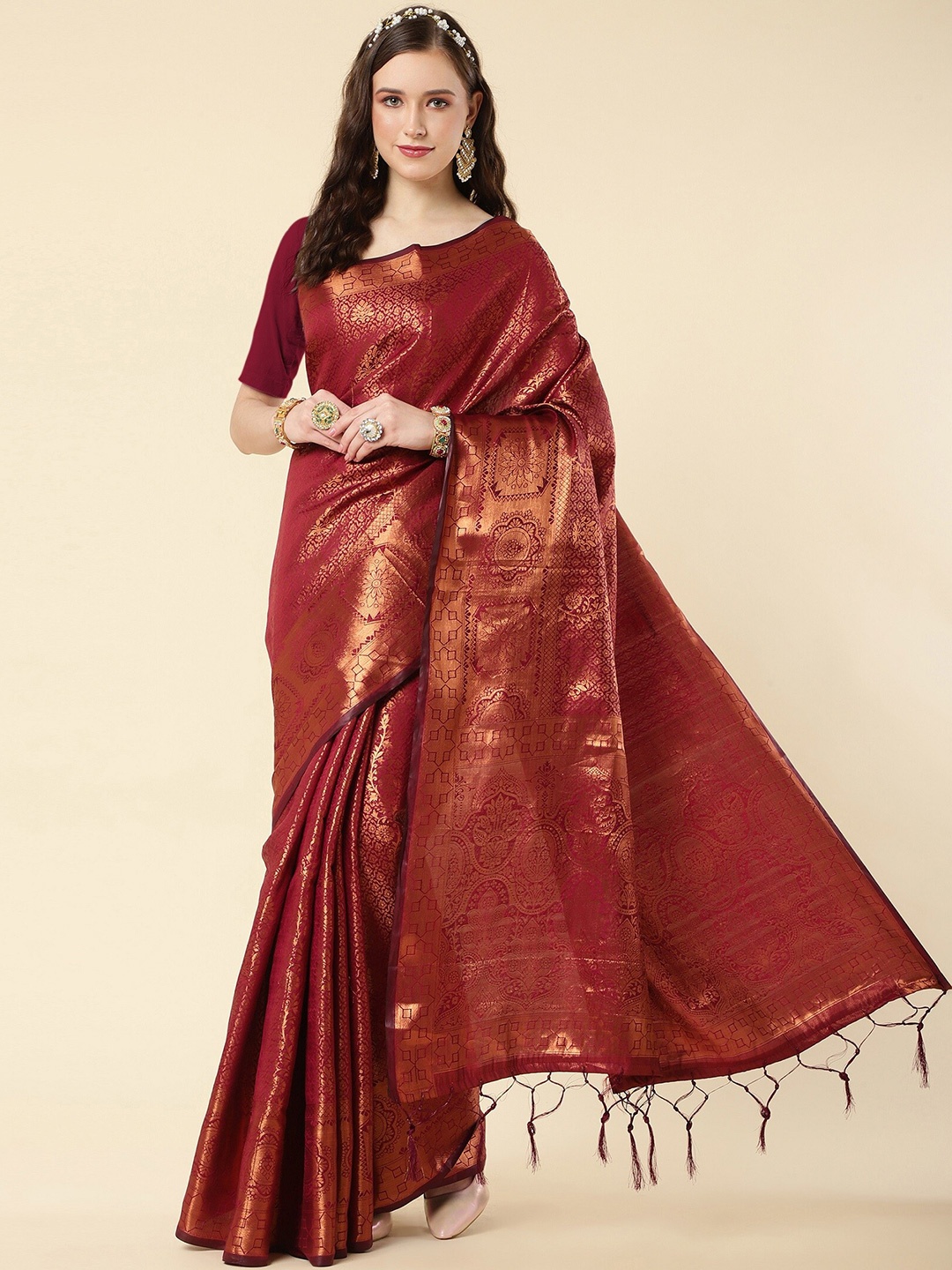 

ZIKARAA Ethnic Motifs Zari Pure Silk Banarasi Saree, Maroon