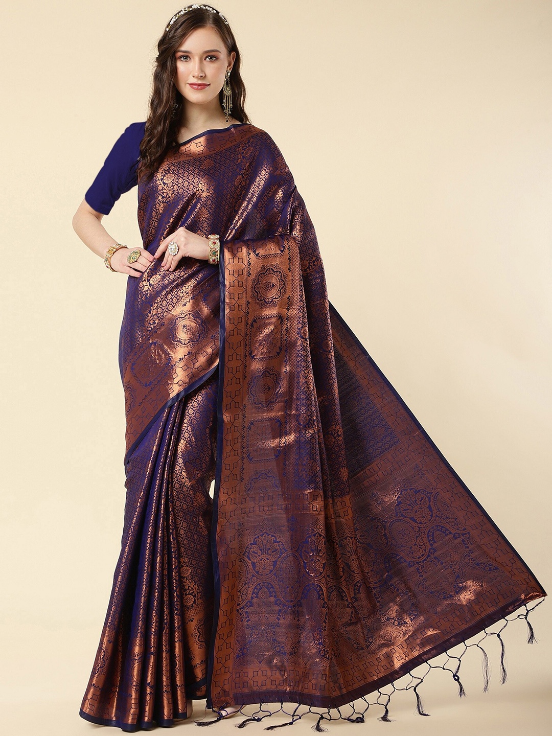 

ZIKARAA Ethnic Motifs Zari Pure Silk Banarasi Saree, Navy blue