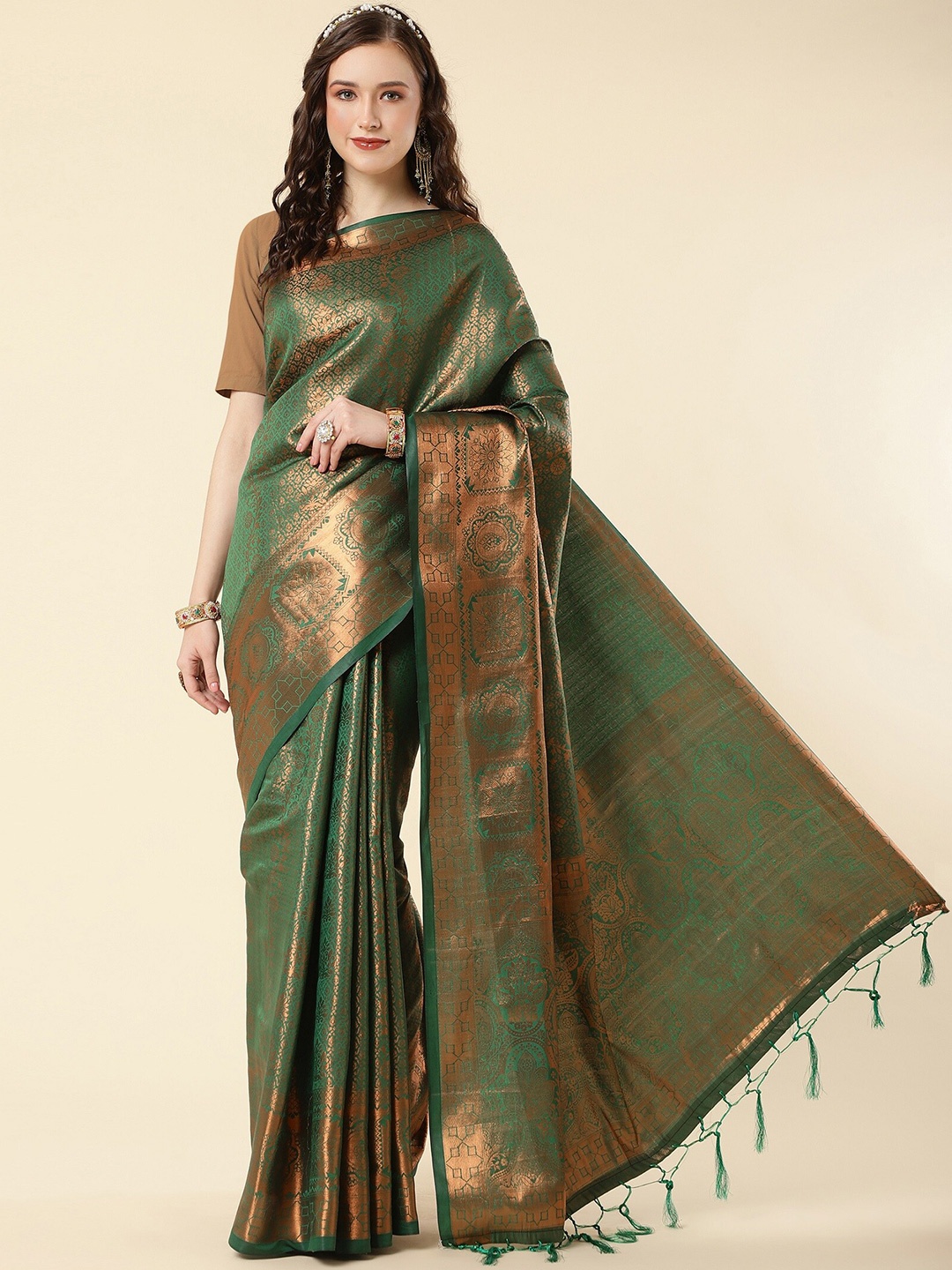 

ZIKARAA Woven Design Zari Pure Silk Banarasi Saree, Green