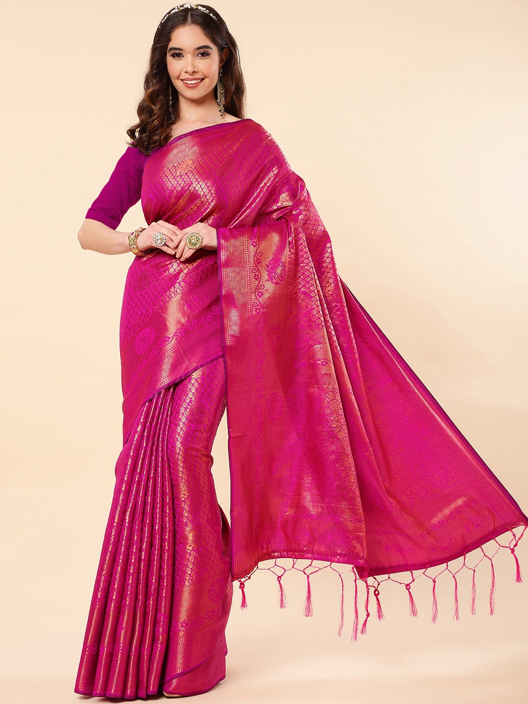 

ZIKARAA Woven Design Zari Pure Silk Banarasi Saree, Pink