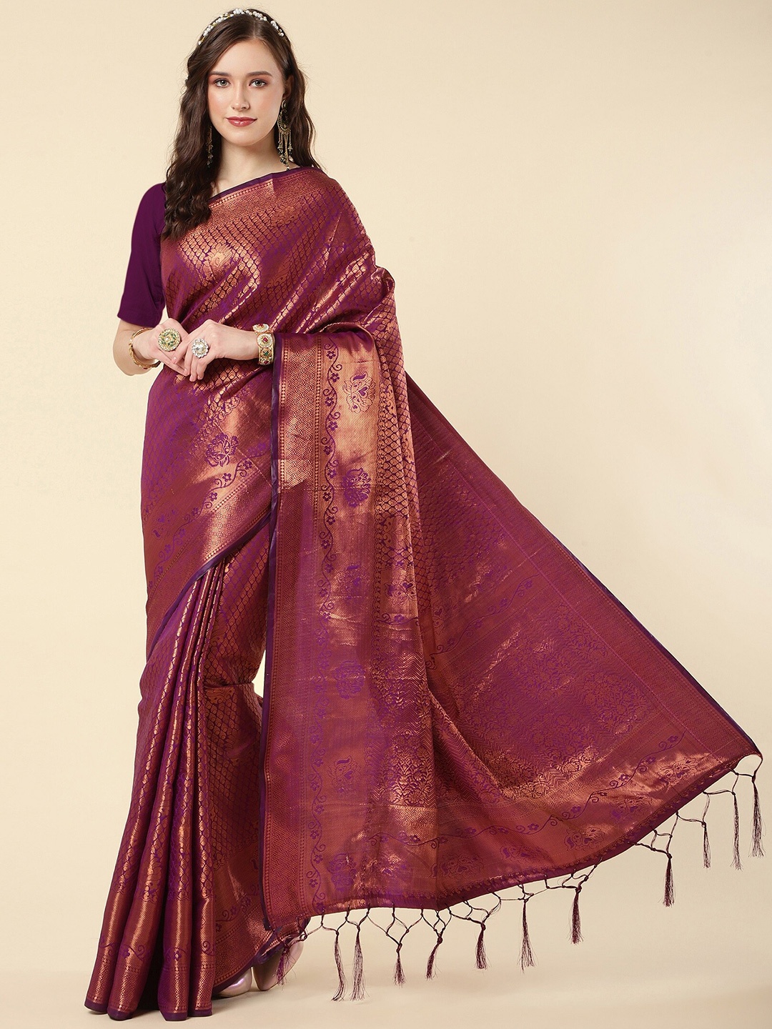 

ZIKARAA Woven Design Zari Pure Silk Banarasi Saree, Purple
