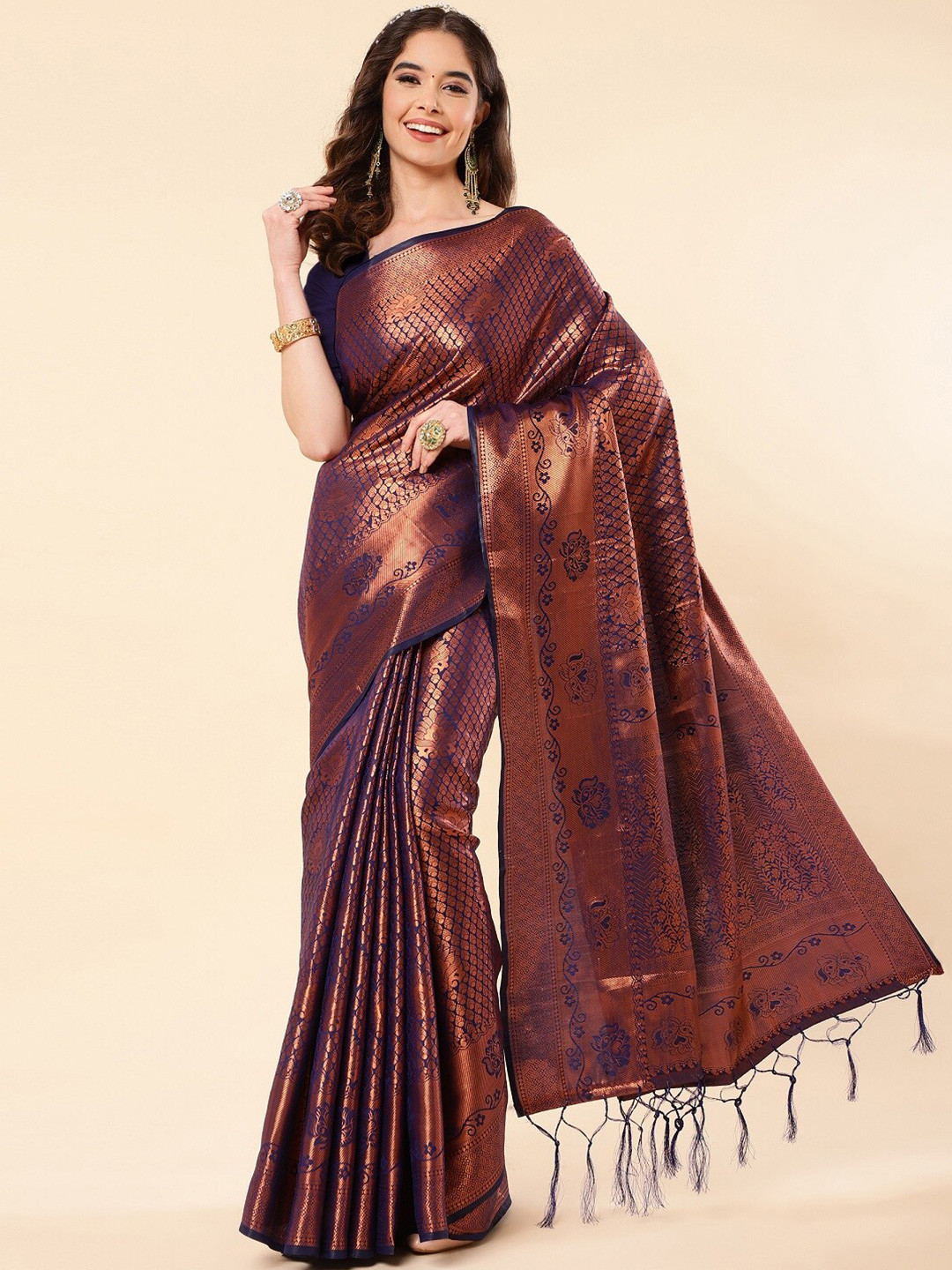

ZIKARAA Floral Zari Pure Silk Banarasi Saree, Navy blue