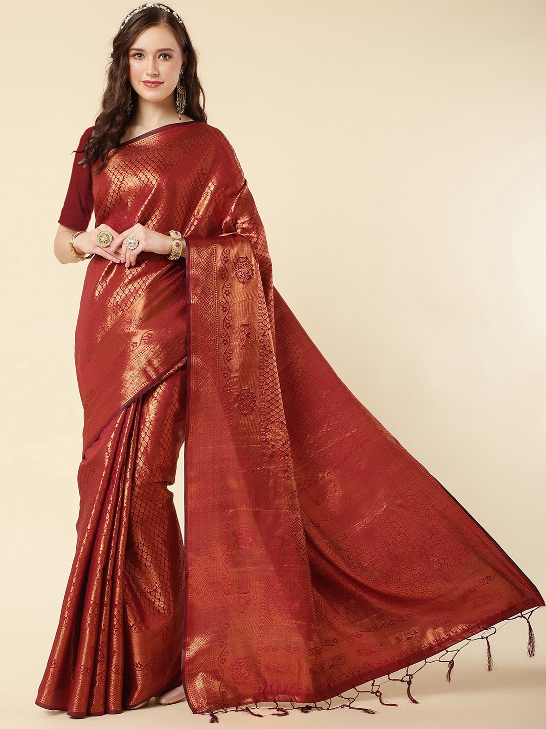 

ZIKARAA Woven Design Zari Pure Silk Banarasi Saree, Maroon