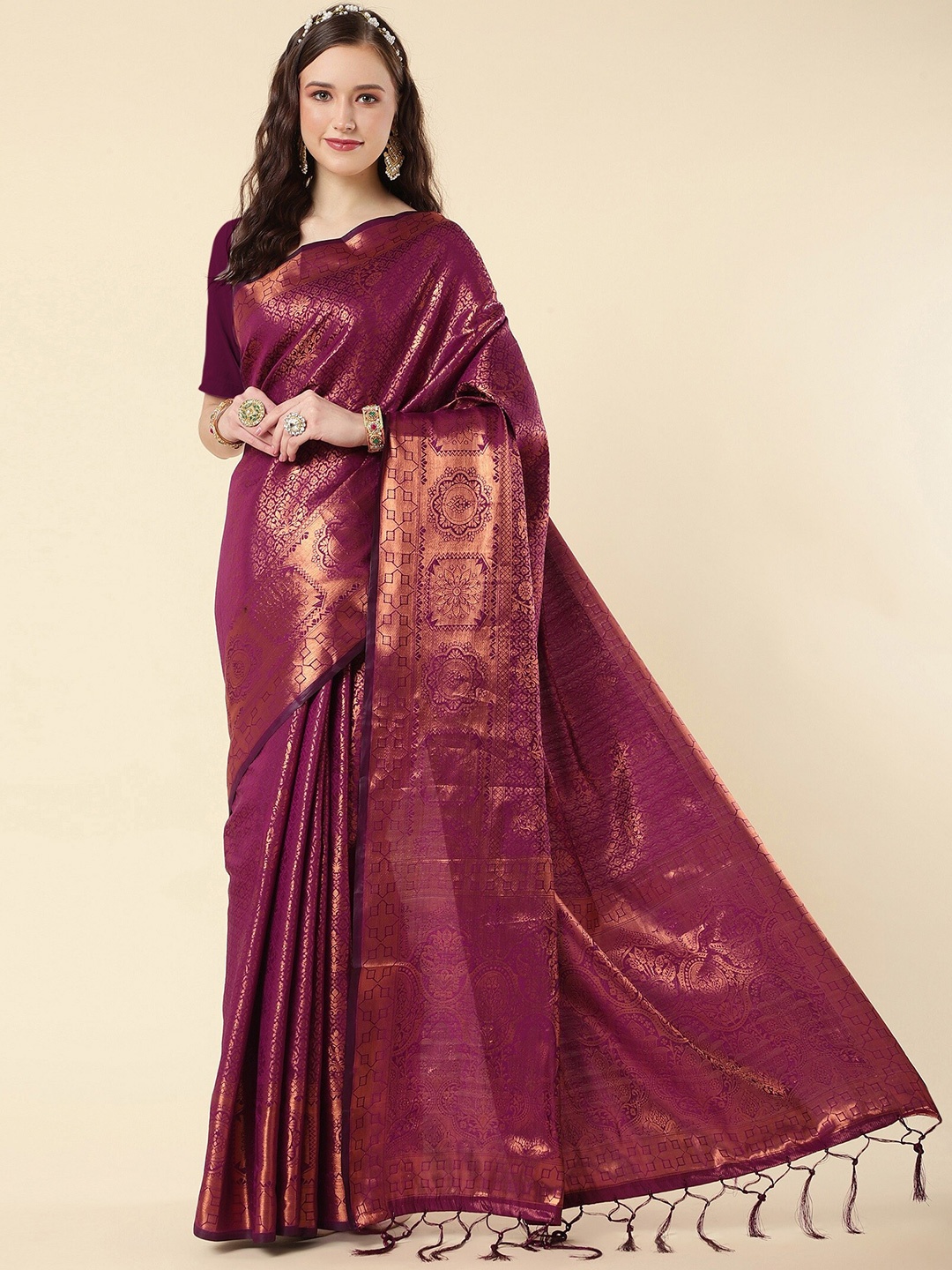 

ZIKARAA Ethnic Motifs Zari Pure Silk Banarasi Saree, Magenta