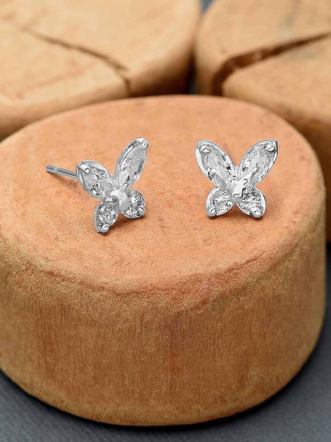 

AMI Silver-Plated Cubic Zirconia Studded Butterfly Shaped Studs Earrings
