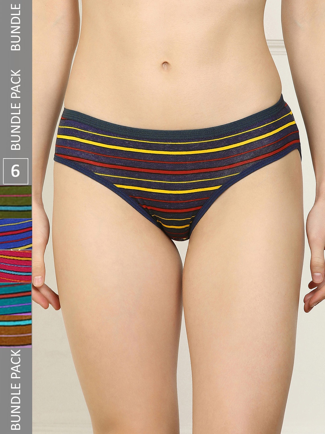 

AROUSY Women Pack Of 6 Striped Low-Rise Hipster Briefs, Black
