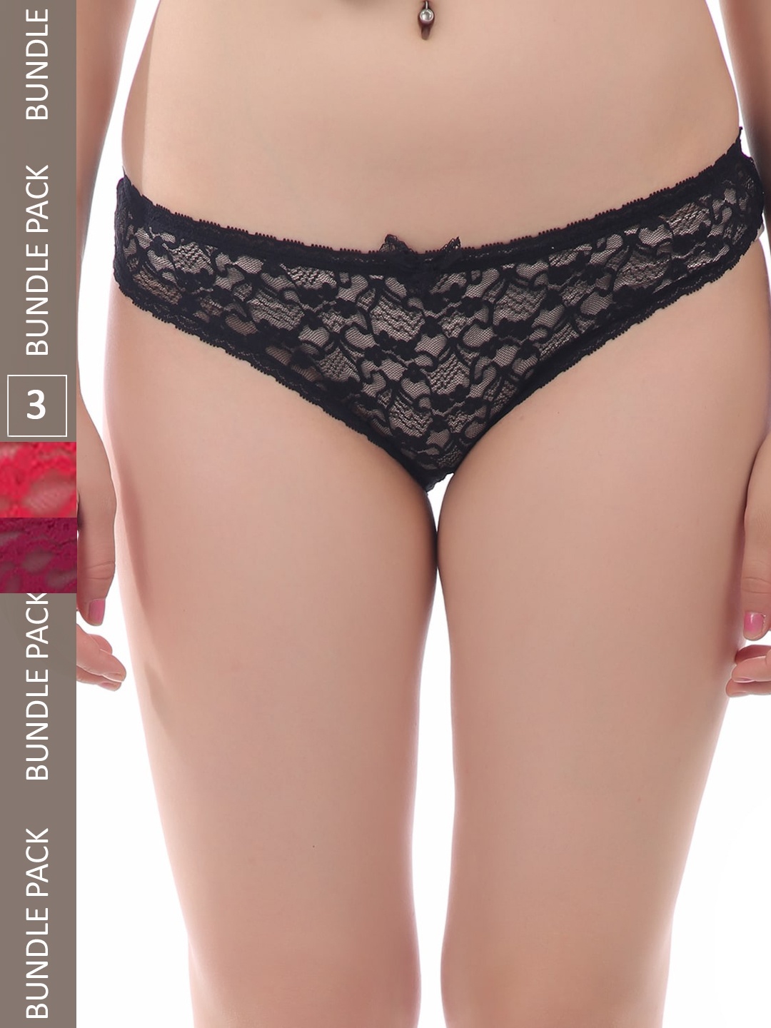 

AROUSY Women Pack Of 3 Low-Rise Self-Design Lace Hipster Briefs, Black