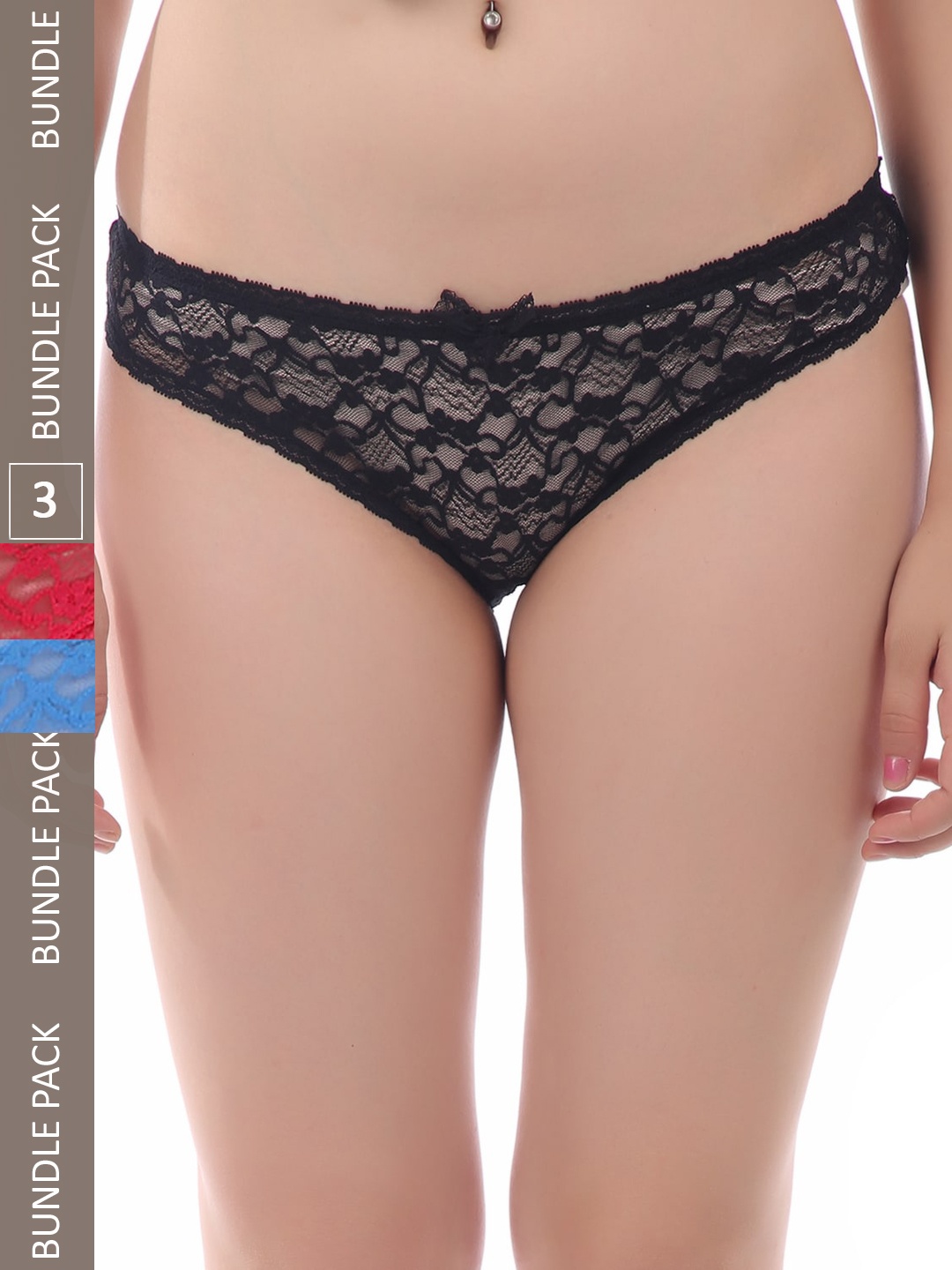 

AROUSY Women Pack Of 3 Low-Rise Self Design Lace Hipster Briefs, Black