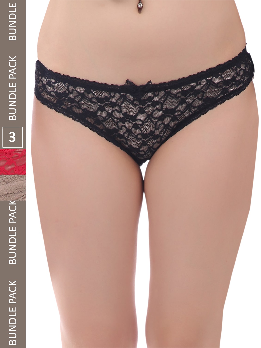 

AROUSY Women Pack Of 3 Low-Rise Self Design Lace Hipster Briefs, Black