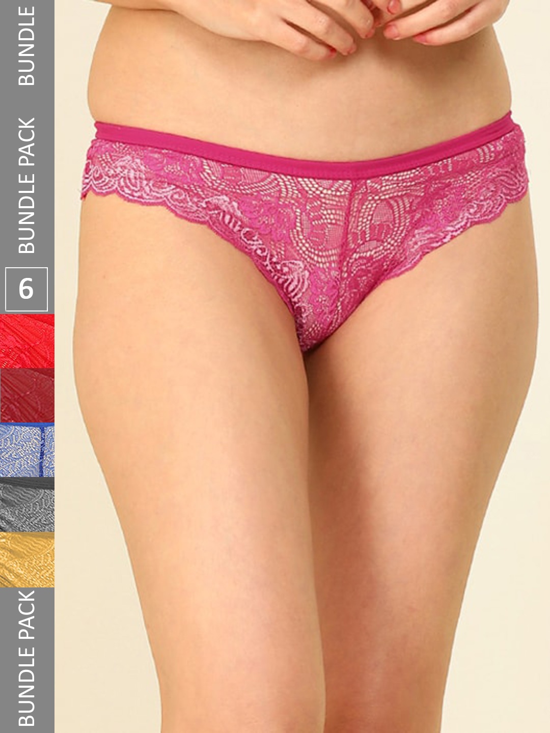 

AROUSY Women Pack Of 6 Low-Rise Self Design Lace Hipster Briefs, Pink