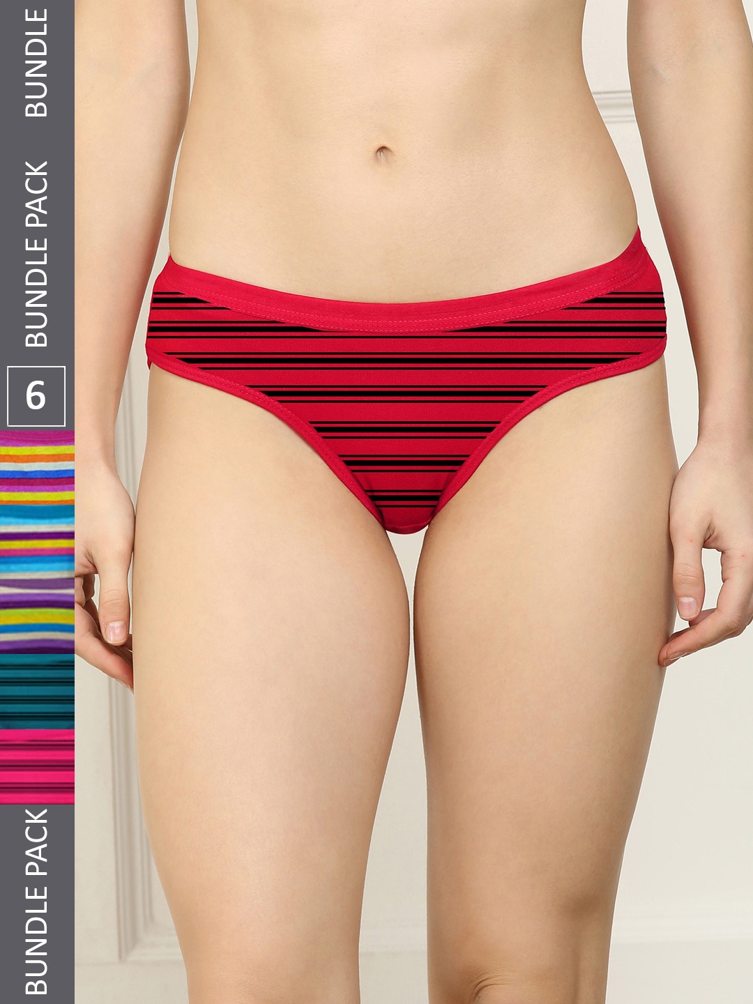 

AROUSY Women Pack Of 6 Striped Cotton Hipster Briefs, Red