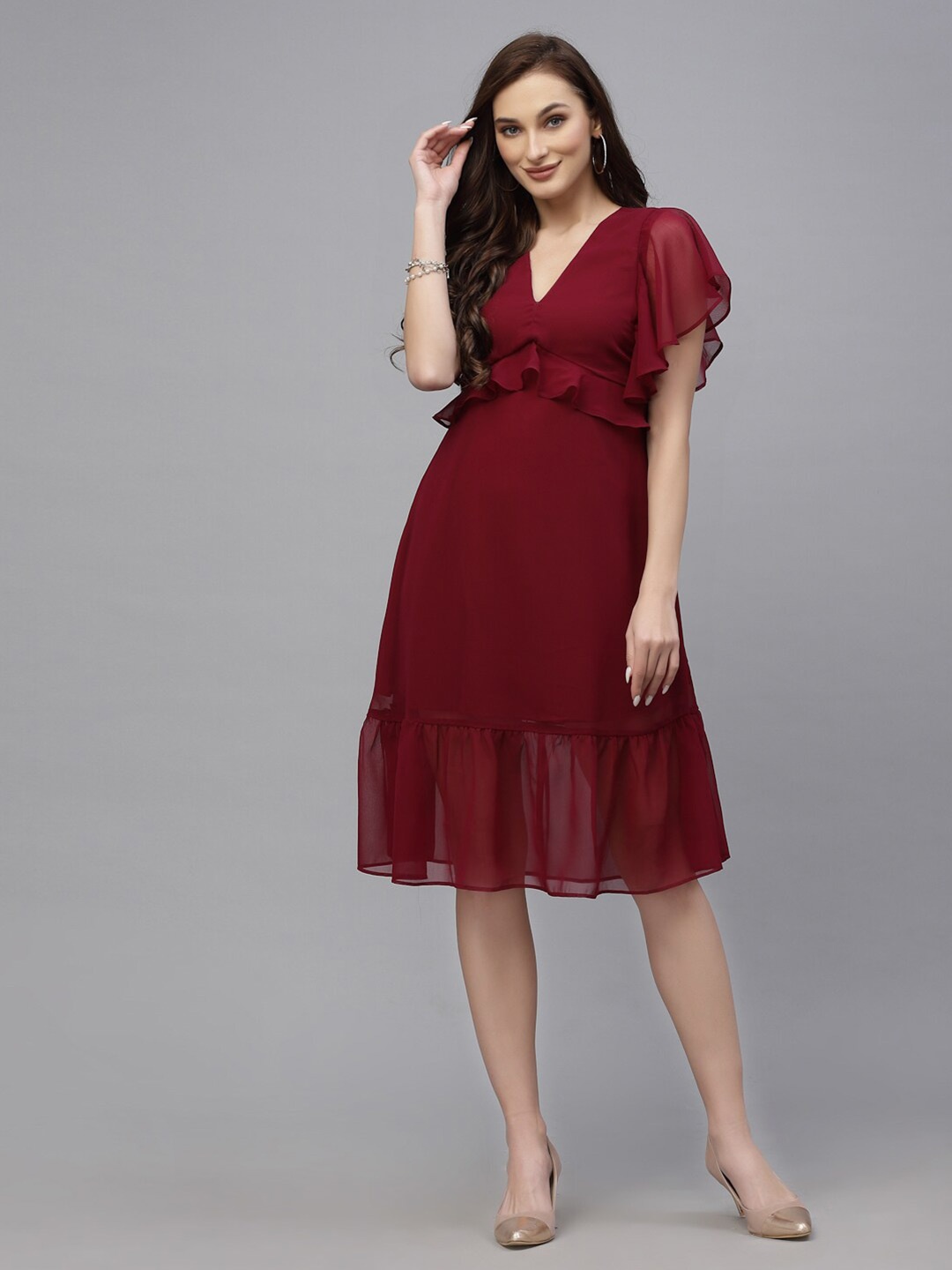 

VALBONE Fit and Flare V-Neck Knee Length Dress, Maroon