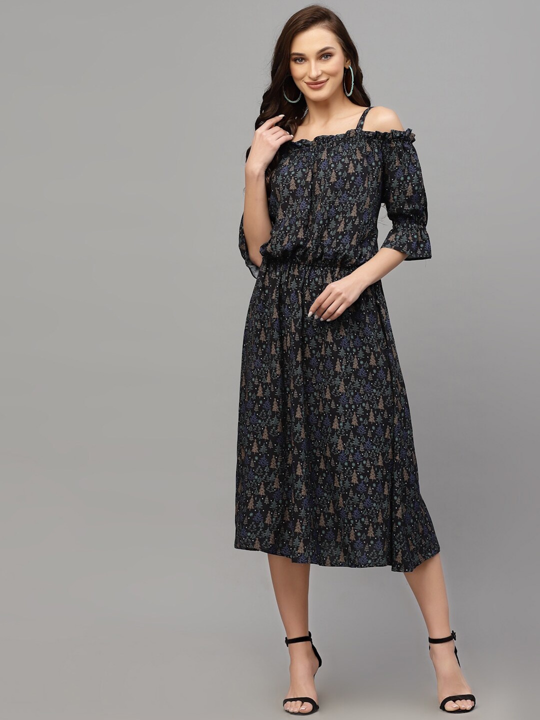 

VALBONE Off-Shoulder Blouson Midi Dress, Black