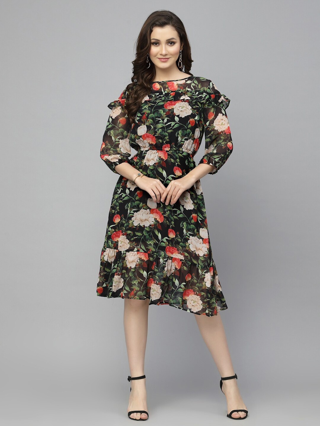 

VALBONE Floral A-Line Midi Dress, Black