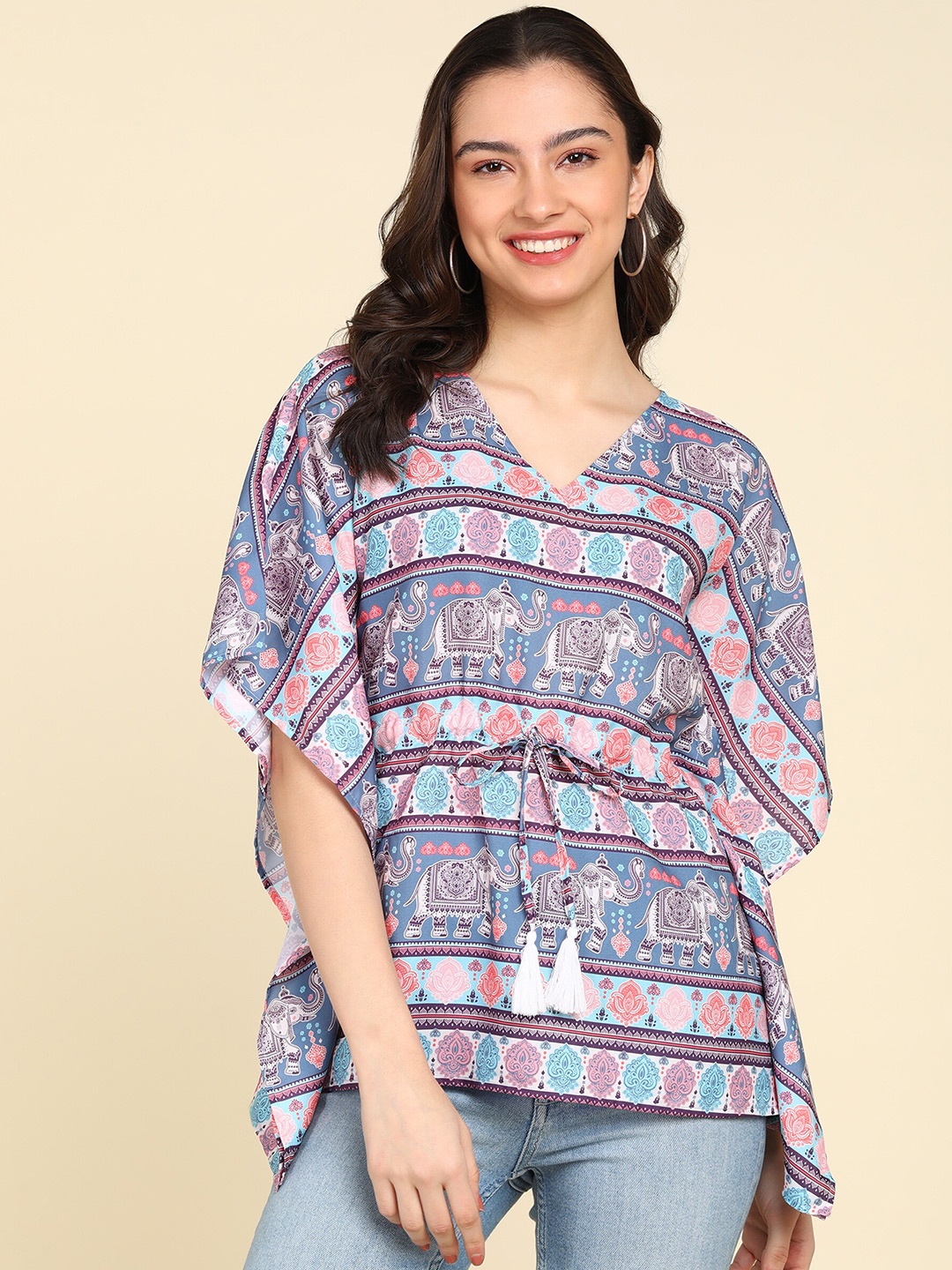 

ZNX Clothing Ethnic Motifs Printed Kaftan Top, Blue