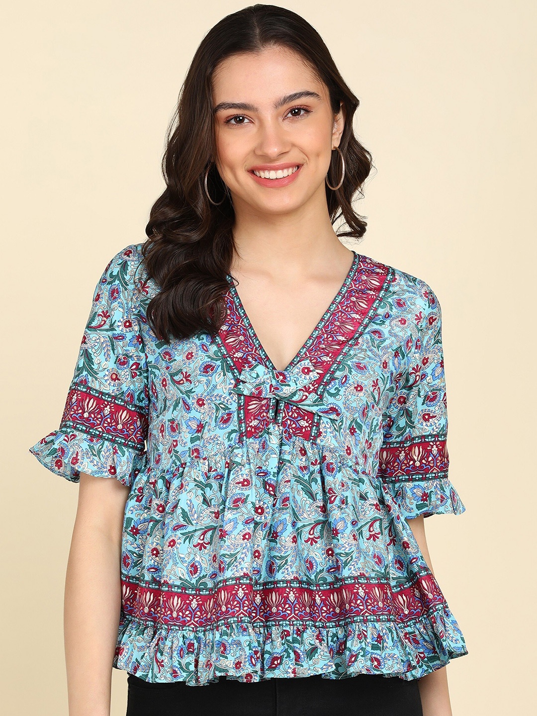 

ZNX Clothing Printed V-Neck Bell Sleeves Empire Top, Blue