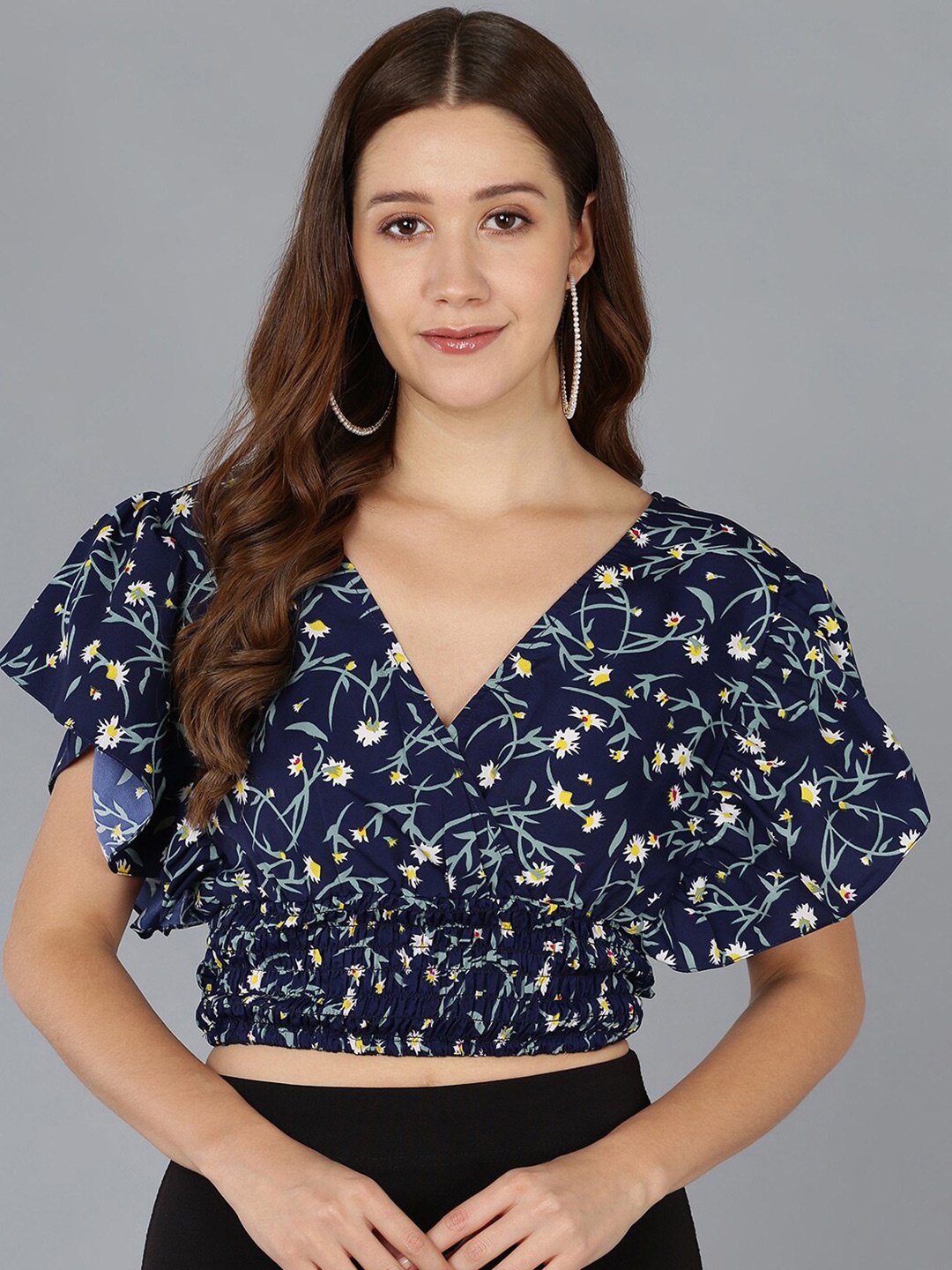 

ZNX Clothing Floral Print Wrap Crop Top, Blue