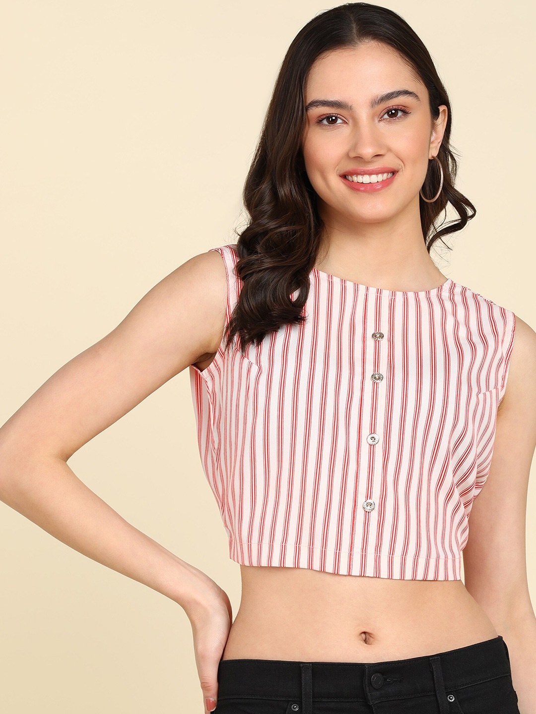 

ZNX Clothing Striped Styled Back Crop Top, Cream