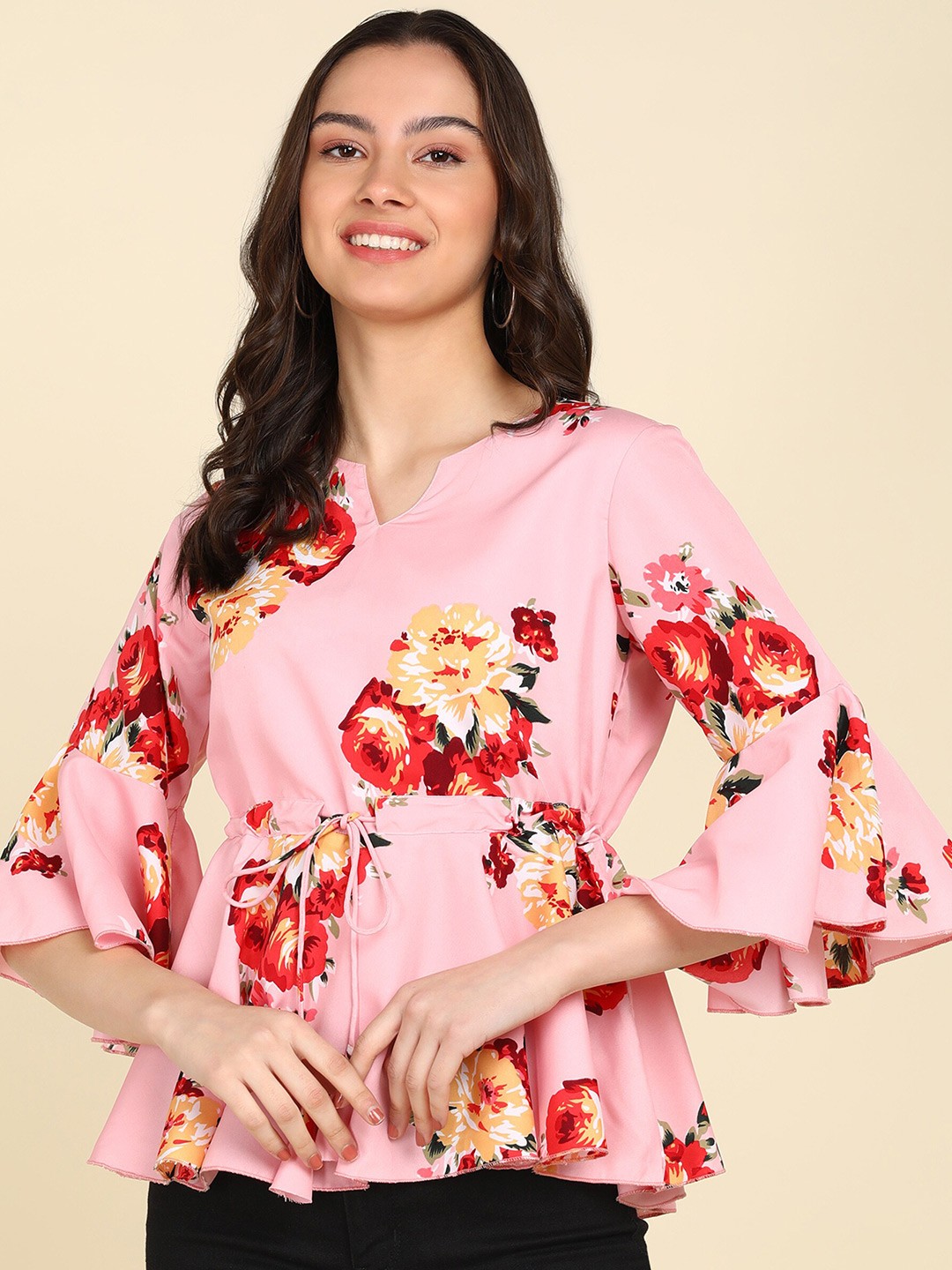 

ZNX Clothing Floral Printed Notch Neck Bell Sleeves Empire Top, Pink