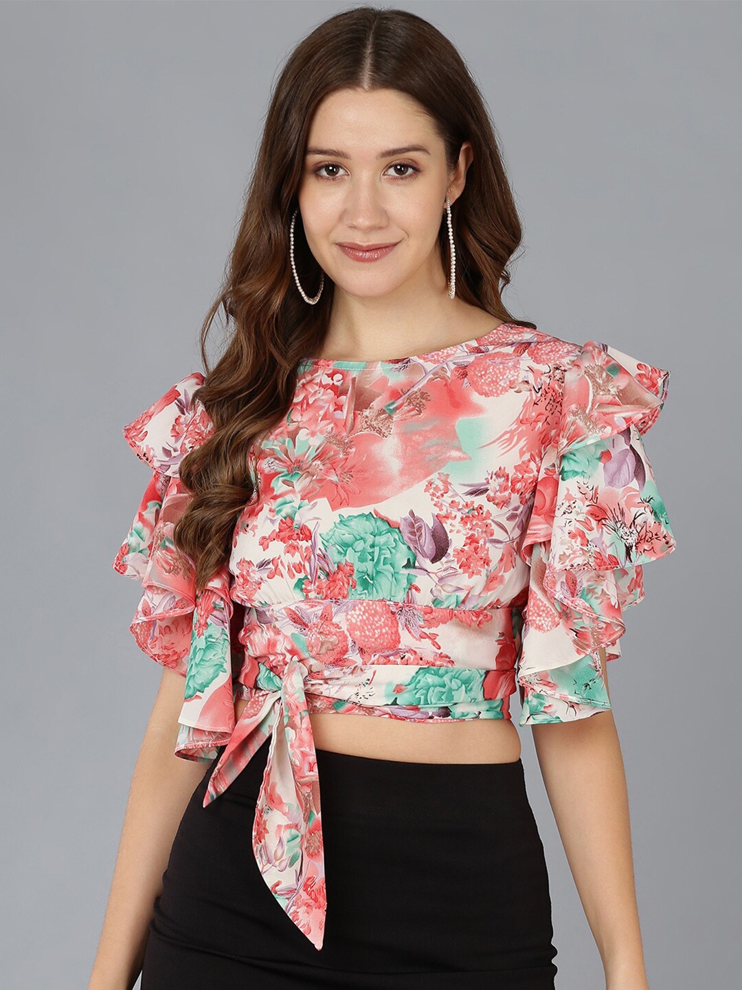 

ZNX Clothing Floral Print Ruffles Styled Back Crop Top, Peach