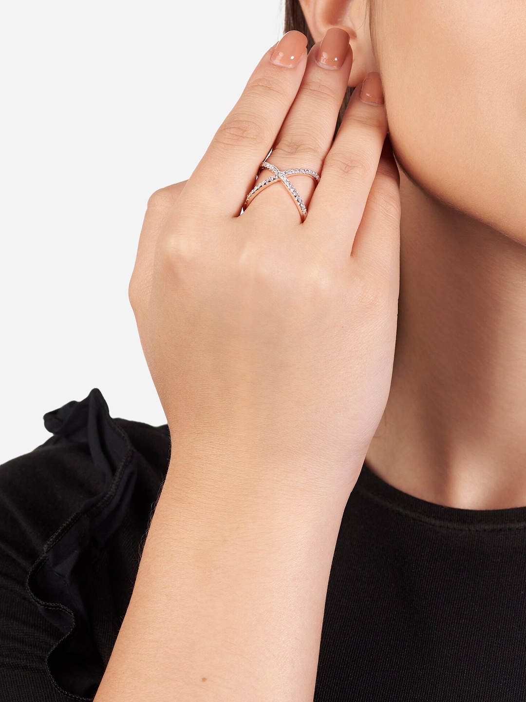 

Lilly & sparkle Rose Gold-Plated CZ Studded Criss Cross Finger Ring
