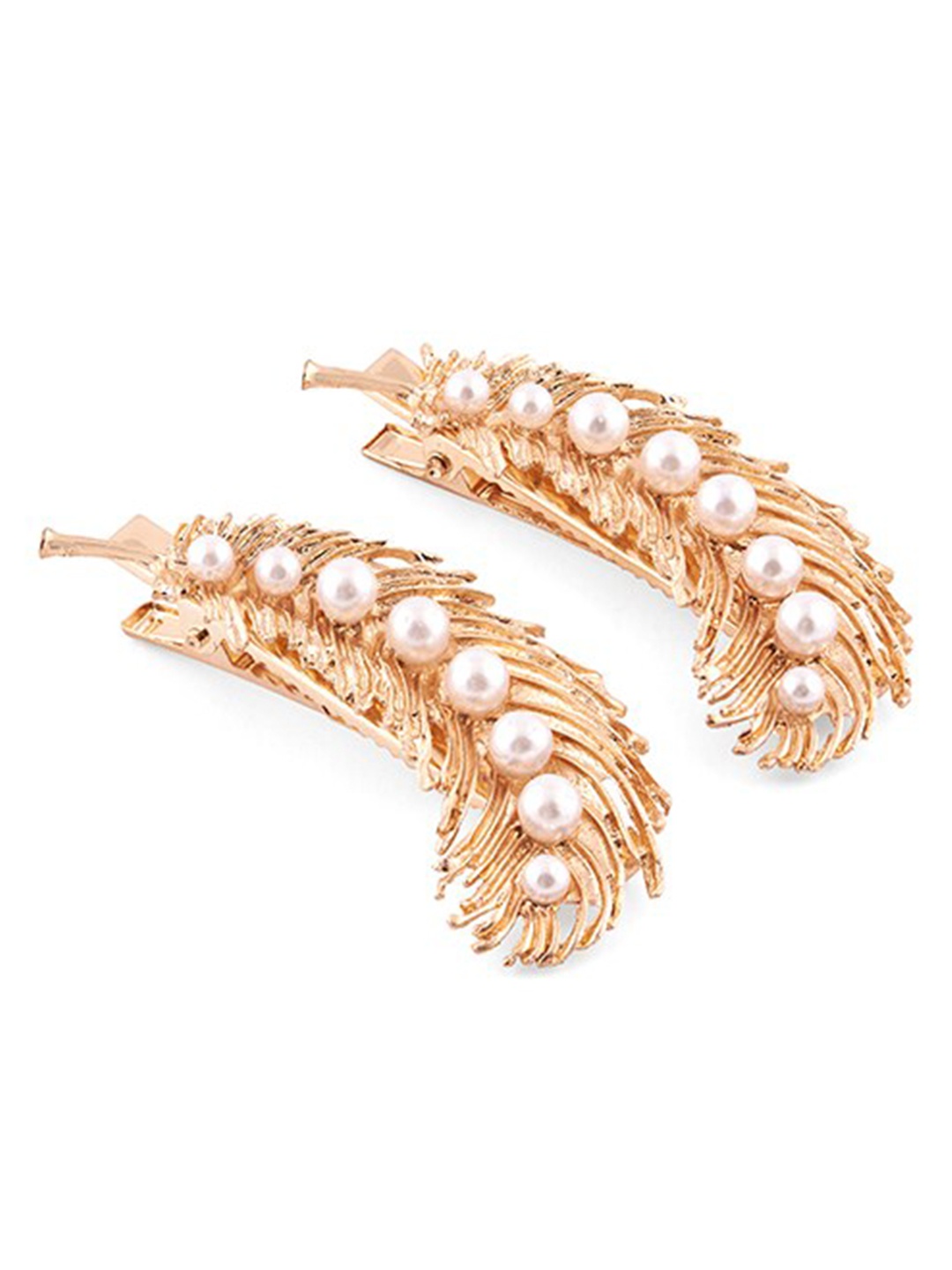 

Lilly & sparkle Women Set of 2 Spiral Feather Pearl Studded Bobby Pins Hairband, Gold