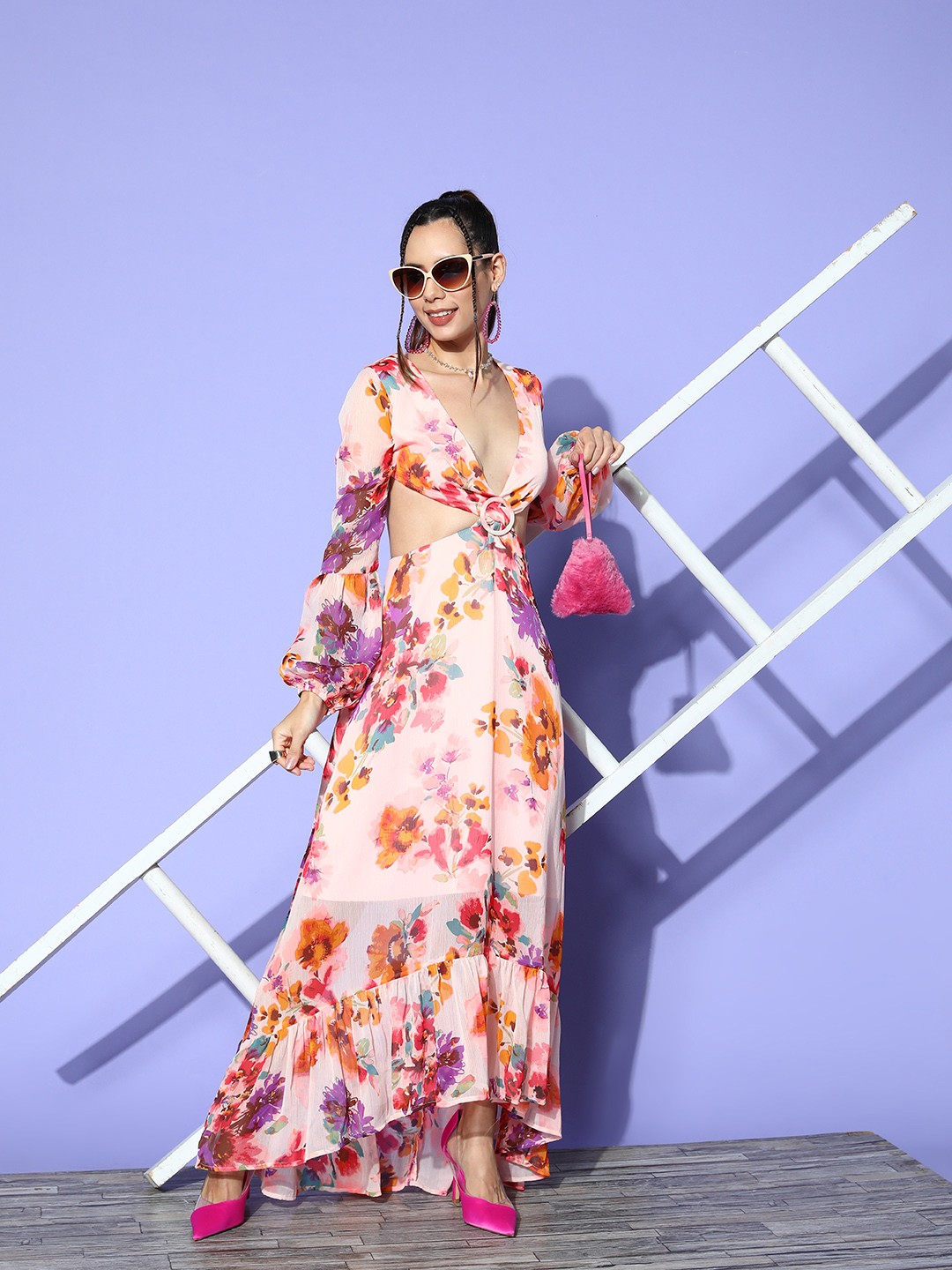 

Berrylush Pink Floral Chiffon A-Line Maxi Dress